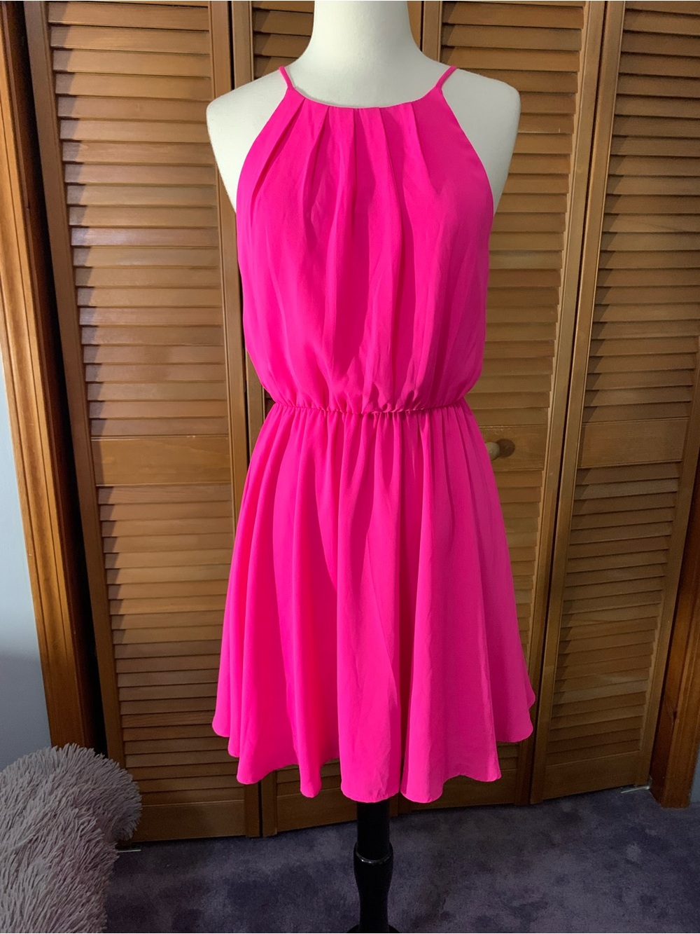 Francesca's Collections Hot Pink Halter Elastic-Waist Mini Dress